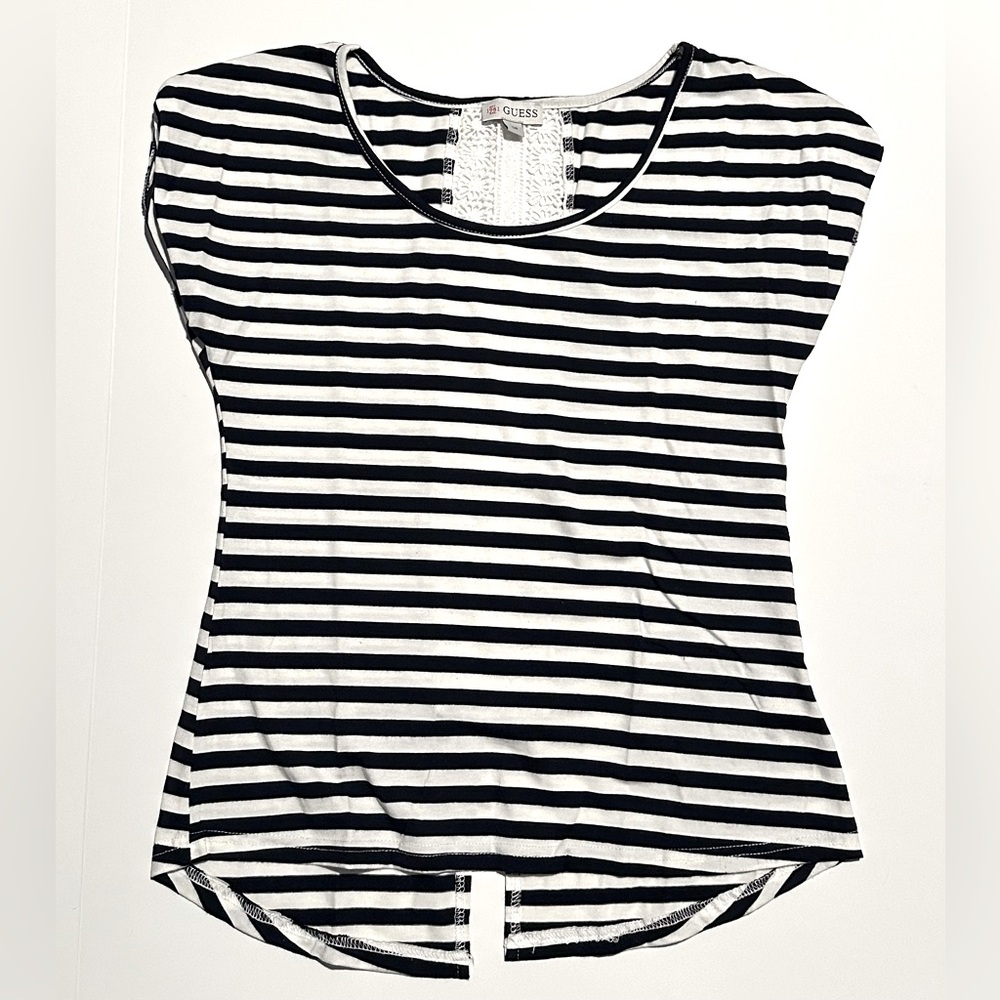 GUESS White & Navy Striped Lace Back Short Sleeve Top sz XS
